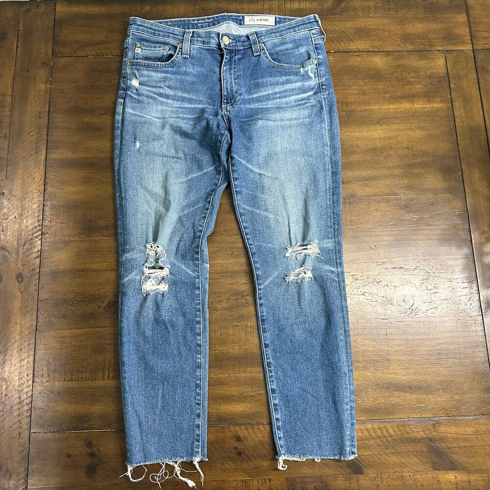 AG Prima Crop Jeans 28R Distressed Raw Hem Mid‎ Rise Slim Straight Medium Wash
